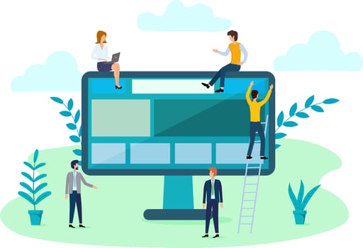 Vector illustration of small people and a large computer.A team of programmers developing an online application.The concept of team work for developers.