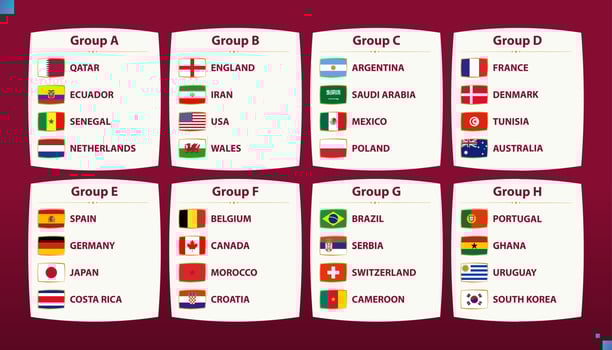 World football 2022 participants flags sorted into groups. vector