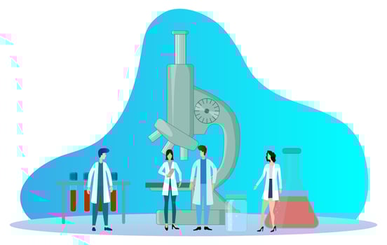 Vector illustration.People in white coats are engaged in scientific work in the laboratory using a microscope.The concept of science, education and medicine.