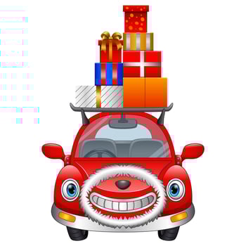 Cartoon red car carrying christmas gift boxes on its rack vector