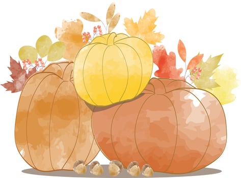 Set of autumn colorful leaves, acorn and pumpkins in watercolor style. Autumn design illustration vector for decoration