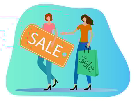 Flat vector illustration.Two young happy women holding a bag and a tag from the sale.Can be used for seasonal sales.