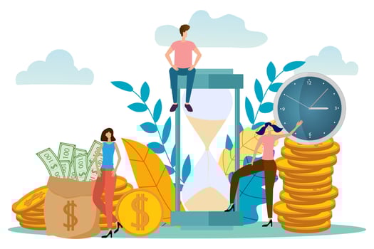 Investment, cost control,cash profit. Businessmen engaged in the investment and control the time. Symbol of the clock, coins and hourglass.Flat vector illustration.