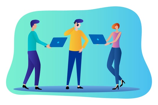 People with laptops.Young businessmen are developing a new project.Flat vector illustration.