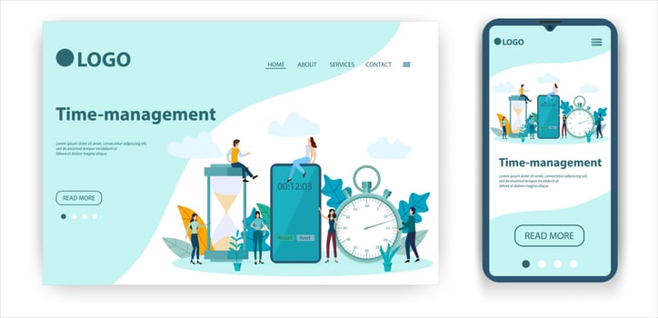 Time-management. Template for the user interface of the website's home page.Landing page template.The adaptive design of the smartphone.vector illustration. vector