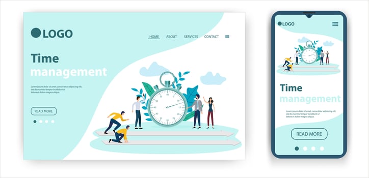 Time-management. Template for the user interface of the website's home page.Landing page template.The adaptive design of the smartphone.vector illustration. vector