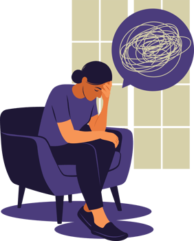 Woman in depression with bewildered thoughts in her mind. Young sad girl sitting at armchair. png