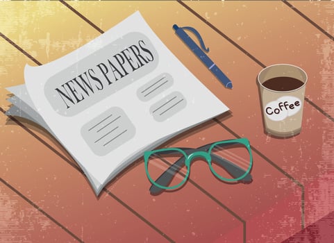 Vintage newspaper on the table, glasses, pen and coffee cup vector
