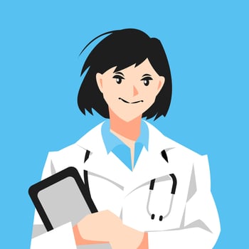 smiling female doctor holding medical chart. short black hair. half body. isolated blue background. stethoscope. concept of doctor, health, hospital, profession. flat vector illustration