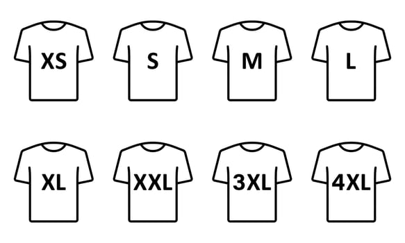 T-shirt Size Icon Set. Clothing Size Label or Tag Pictogram. Man or woman Shirt. Size From XS to 4XL. Vector Isolated Illustration.