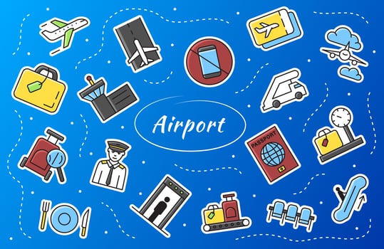 Set of airport related stickers. Collection of signs. vector
