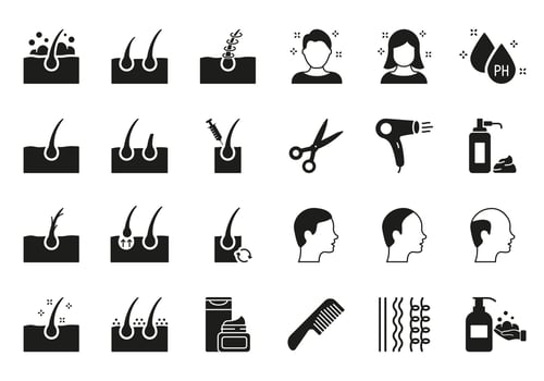 Hair Care and Loss Problem. Barbershop Tools Flat Black Icons. Shampoo, Dandruff, Haircut, Growth and Alopecia Silhouette Icon. Treatment and Problem of Hair. Isolated Vector illustration.