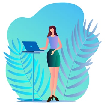 Online work.A young woman is working on her laptop.Work via the Internet, visit online stores.Flat vector illustration.