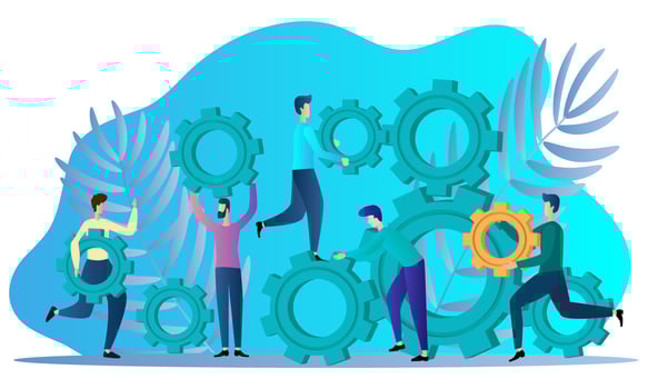 Business promotion.People from gears assemble mechanisms.The concept of teamwork and business investment.Flat vector illustration.
