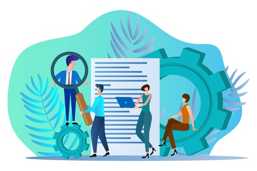 Recruitment.Experts are engaged in selection of personnel.People are gears and a magnifying glass.Flat vector illustration.