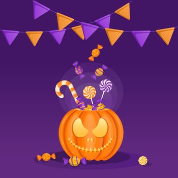 Halloween pumpkin with flag garlands, sweets and candies vector