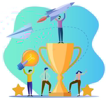Team success, brainstorming.Teamwork, the Cup symbolizes the success of new ideas.For a website, web banner.Flat vector illustration.