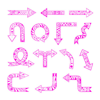 Hand-Drawn Decorative Ethnic Mehendi Style Arrows. Set of Pink Ornate Elements on White Background vector