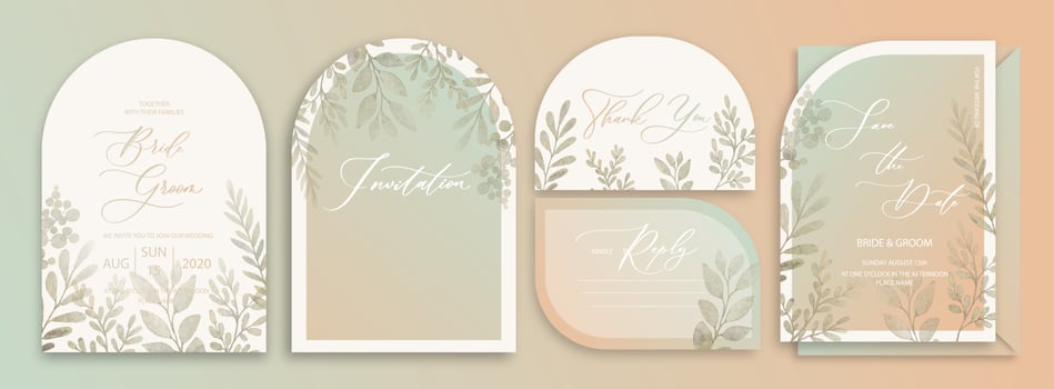 Luxury arch wedding invitation card background with green watercolor botanical leaves. Abstract floral art background vector design for wedding and vip cover template.