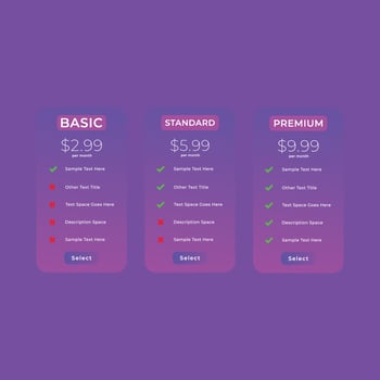 Clean Price Table Template for Website and Applications.Pricing or subscription plan ui web elements.Website marketing or promotion interface template..eps vector