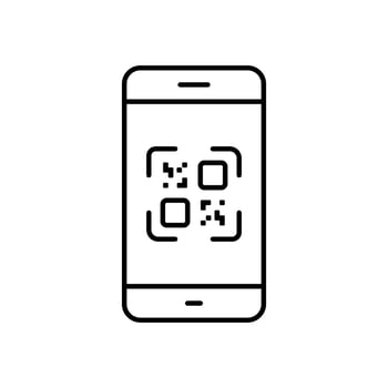 Payment with QR Code on Smartphone Line Icon. Square QRcode on Mobile Phone App Linear Pictogram. Scanner Application for Barcode Outline Icon. Editable Stroke. Isolated Vector Illustration.
