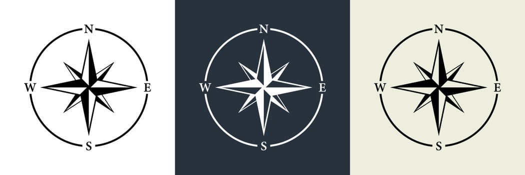 Compass Navigation Silhouette Icon Set. North South West East Orientation Direction Glyph Pictogram. Nautical Antique Rose Wind Navigator for Sea Adventure Icon. Isolated Vector Illustration.