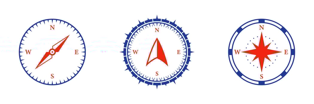 Compass Equipment Navigation Silhouette Icon Set. Retro Rose Wind Glyph Pictogram. Adventure Direction to North South West East Icon. Cartography Navigator Pointer Sign. Isolated Vector Illustration.