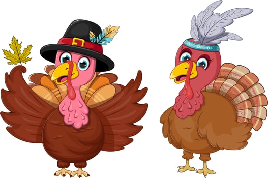 Two cartoon and cute turkeys for Happy Thanksgiving Day vector