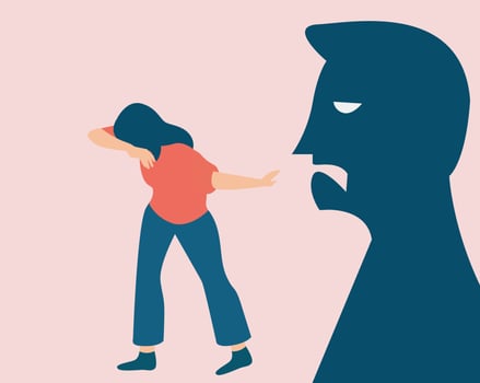 Scared woman victim of bullying concept. Shadow of a person blaming and yelling at a female covering her face. Stop verbal abuse against children and women. Say no to domestic violence prevention. vector