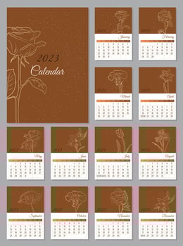 Abstract calendar for 2023 with various flowers in one color scheme. Vertical A4 calendar by months, week starts from Sunday. Calendar with places for notes.12 isolated month and cover. vector