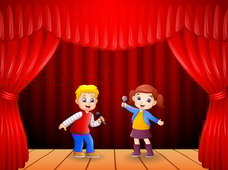 Little boy and girl singing with microphone in his hand vector