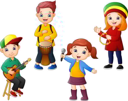 Cartoon kids playing music together vector