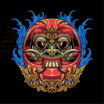 Colorful Japanese daruma blend with Balinese Rangda mask with ornaments and water background for t shirt design vector