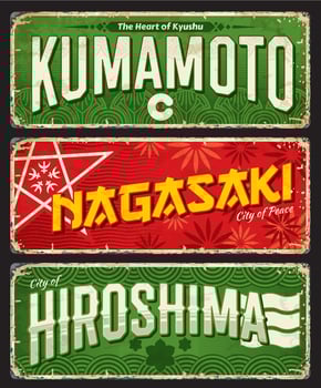 Nagasaki, Kumamoto, Hiroshima Japan city plate vector