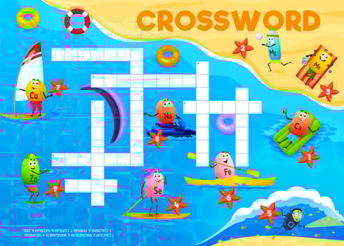 Crossword quiz game grid, cartoon vitamin on beach vector