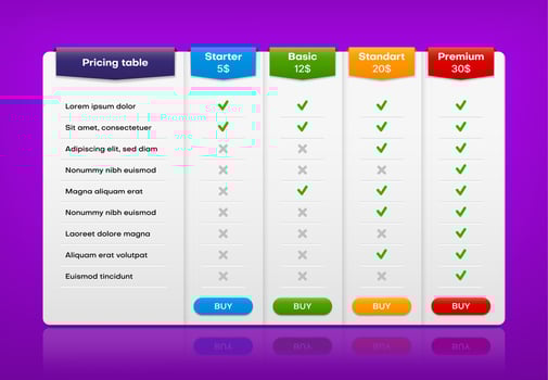 Comparison chart table, price list plan columns vector