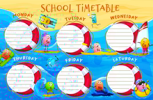 School timetable schedule, cartoon vitamins, beach vector