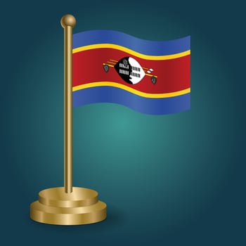 Swaziland national flag on golden pole on gradation isolated dark background. table flag, vector illustration