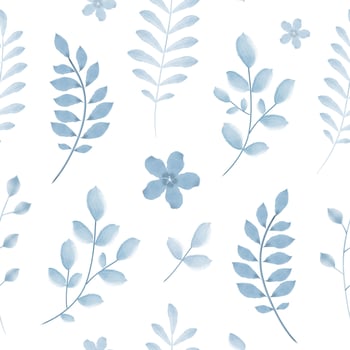 Seamless pattern with watercolor branches and flowers. Vector botanical hand-drawn illustration on white background. Perfect for print, wallpaper, fabric, postcards, tiles.