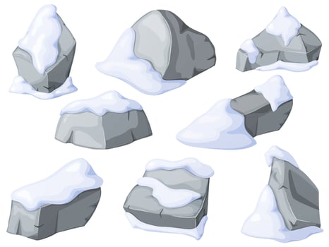Gray stones or rocks in snow set. Broken cartoon rocks and snowdrifts. Cartoon crags and snowdrifts. Ice age. vector