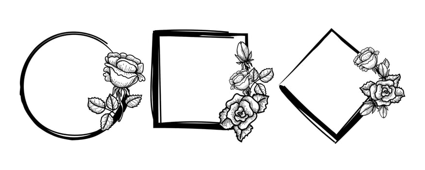 Hand-drawn rose in doodle style. Set of frames with roses. Flowers. Symbol. Valentine's Day. Vector image of roses on white background