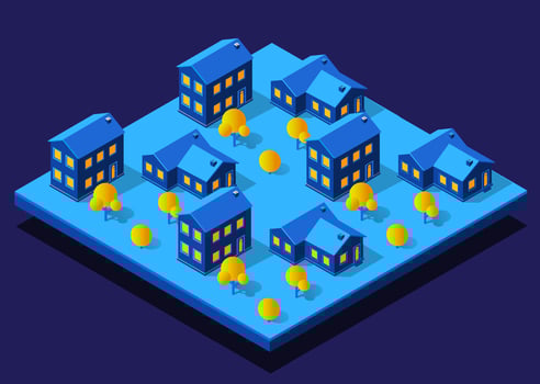 Night village forest 3d illustration neon ultraviolet isometric buildings urban infrastructure. vector
