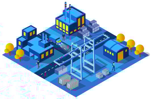 City industrial factories warehouses Isometric night lights architecture 3D illustration technology town street with a lot of building houses vector