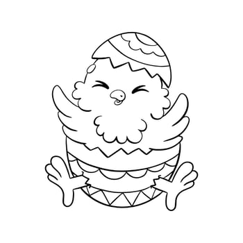 Cute chick in an easter egg. Coloring book page for kids. Cartoon style character. Vector illustration isolated on white background.