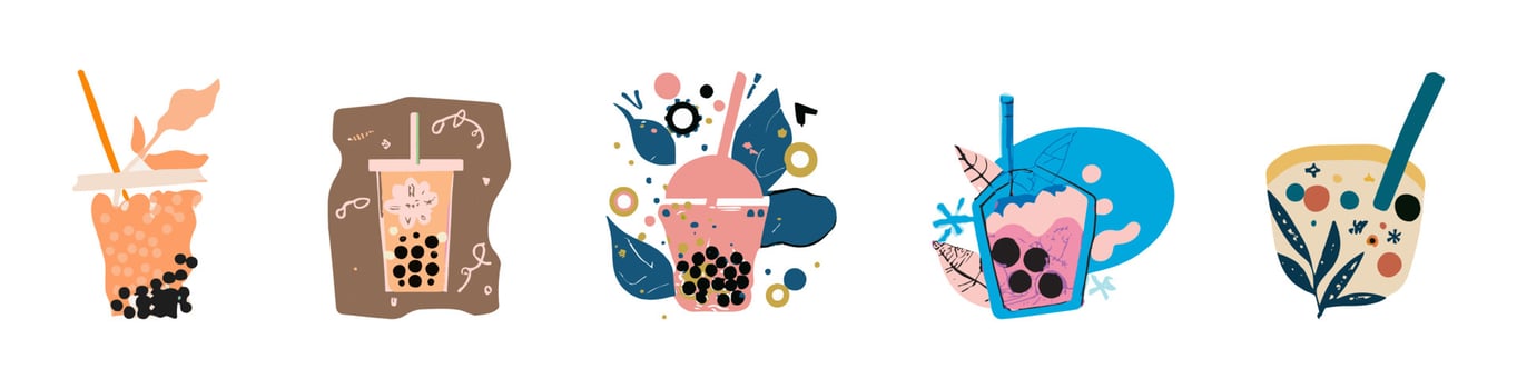 Bubble milk tea, Pearl milk tea , Different sorts of Boba. Yummy drinks. vector