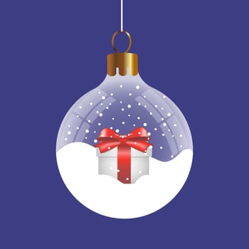 Christmas snowball with a gift box. Transparent glass ball. Vector illustration, graphic design.