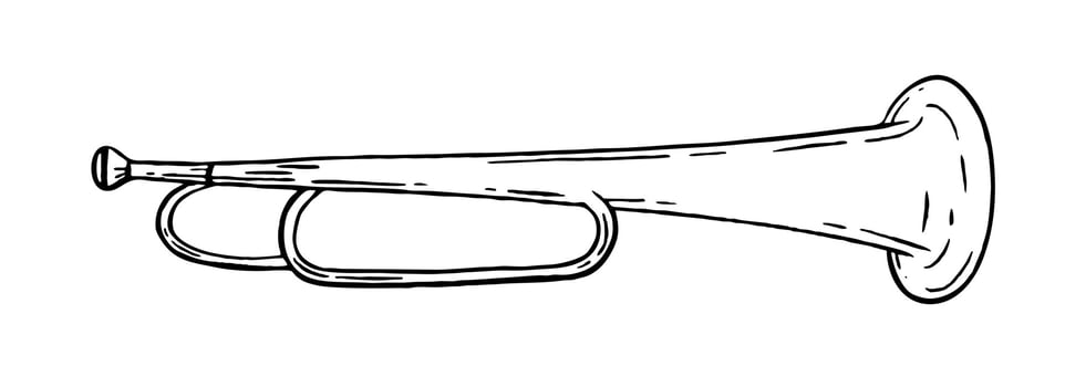 Trumpet is a musical instrument in the style of hand drawn. Vector black and white doodle illustration