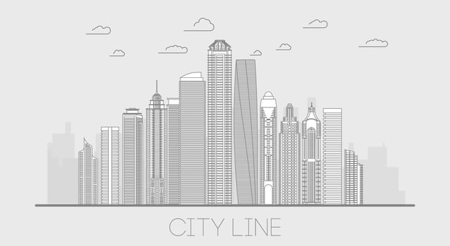 City line illustration panorama. Cityscape line art building. Skyline thin line vector illustration.