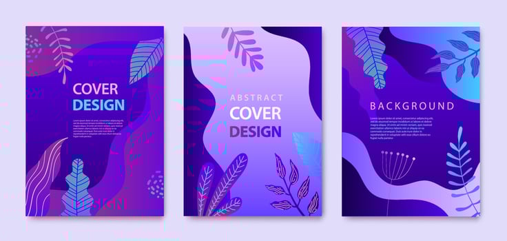 Vector Set of nature covers, brochure, annual report design templates for beauty, spa, wellness, natural products, cosmetics, fashion, healthcare. Purple plants, waves dynamic concept