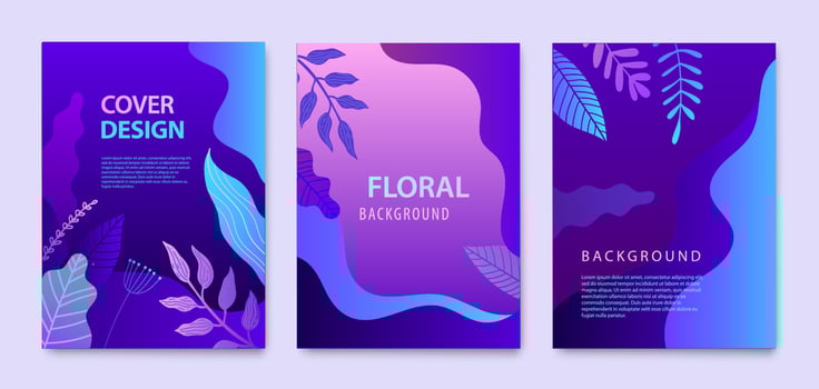 Vector Set of nature covers, brochure, annual report design templates for beauty, spa, wellness, natural products, cosmetics, fashion, healthcare. Purple plants, waves dynamic concept
